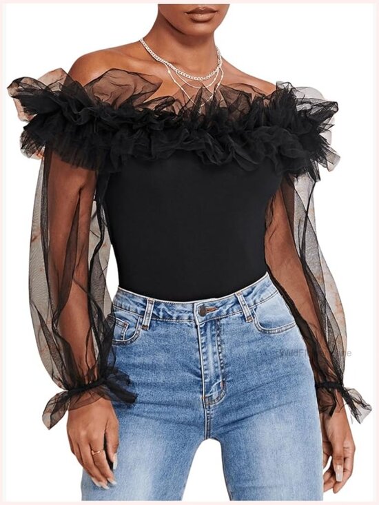 Tops - Ruffle Off Shoulder Blouse Mesh Puff Sleeve Party Top Fitted Tee